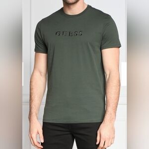 GUESS tshirt, mens size LARGE, embroidered logo, dark forest green